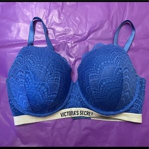 Victoria’s Secret Blue Lace Crochet Perfect Shape Bra Sz 38 DDD